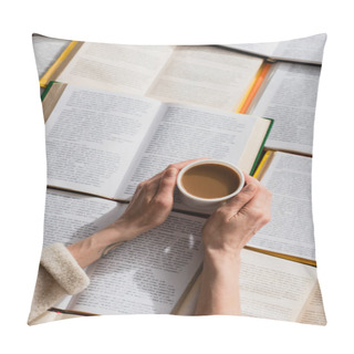 Personality  Cropped View Of Woman Holding Cup Of Coffee Near Open Books  Pillow Covers