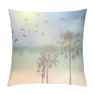 Personality  Silhouette Of Palm Trees And Birds, Beach, Sky And Sea Blue Background. Vector Pillow Covers