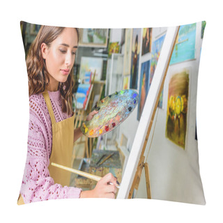 Personality  Side View Of Beautiful Female Artist Painting On Canvas In Workshop Pillow Covers