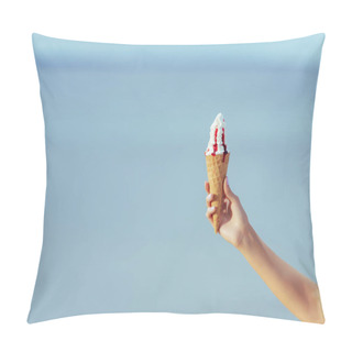 Personality  Partial View Of Woman Holding Waffle Cone With Sweet Ice Cream In Hand Pillow Covers