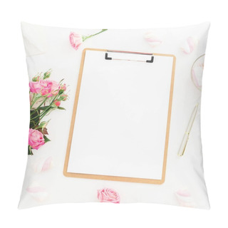 Personality  Beauty Composition With Marshmallows,  Pink Roses Bouquet And Clipboard On White Background. Top View. Flat Lay. Beauty Blog, Copy Space Pillow Covers