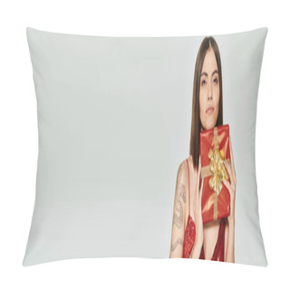 Personality  Dreamy Beautiful Woman Holding Red Present And Looking At Camera, Holiday Gifts Concept, Banner Pillow Covers
