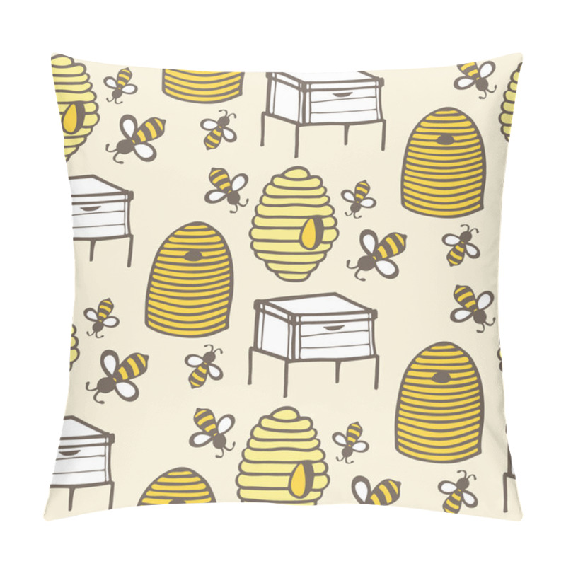 Personality  Beehive and bee. Hand-drawn seamless cartoon pattern with honey bees and hives. Vector illustration. pillow covers