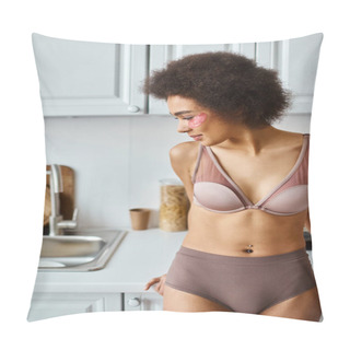Personality  Cheerful African American Woman In Bra With Pink Patches Under Eyes Standing In Modern Kitchen Pillow Covers