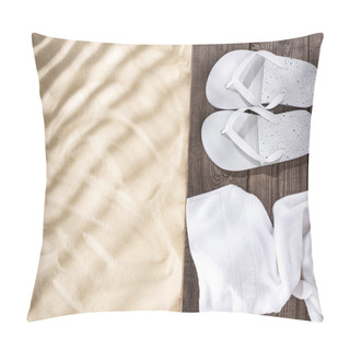 Personality  Top View Of White Flip Flops And Towel On Wooden Brown Board And Sand With Copy Space Pillow Covers