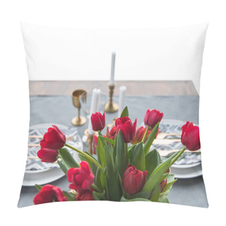 Personality  Selective Focus Of Bouquet Of Red Tulips And Rustic Table Setting Behind Pillow Covers