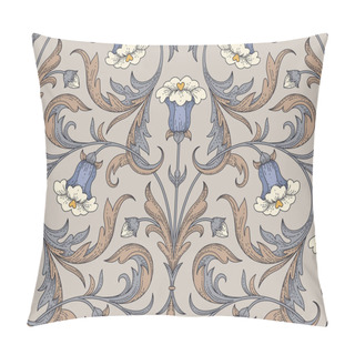 Personality  Victorian Style Blue Bellflowers With Twisted Leaves On Beige Background. Pillow Covers