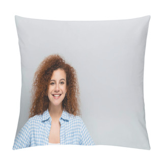 Personality  Curly Woman In Plaid Shirt Smiling At Camera Isolated On Grey Pillow Covers