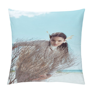 Personality  Young Woman In White Swan Costume Standing Behind Dry Bush, Looking At Camera Pillow Covers