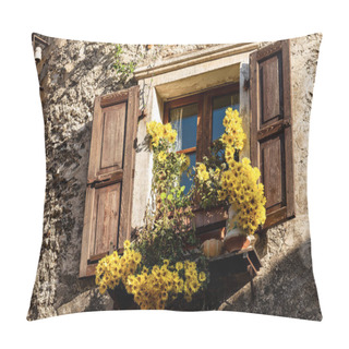 Personality  Close-up Of An Old Window With Wooden Shutters And Yellow Flowers In The Medieval Village Of Canale Di Tenno Or Villa Canale, Italian Alps, Trento Province, Trentino-Alto Adige, Italy, Europe Pillow Covers