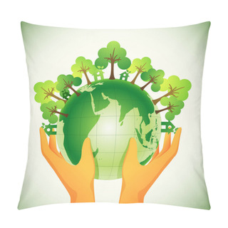 Personality  Human Hand Protection 3D Earth Globe With Trees And Green House On Glossy Background. Pillow Covers