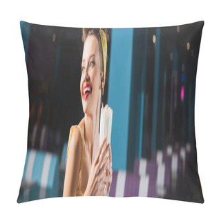 Personality  Happy Pin Up Woman Holding Milkshake In Glass In Cafe, Banner Pillow Covers