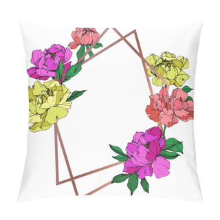 Personality  Vector Isolated Living Coral, Purple And Yellow Peonies With Green Leaves On White Background. Engraved Ink Art. Frame Border Ornament With Copy Space. Pillow Covers