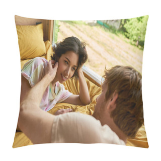 Personality  Tender Gesture, Redhead Man Touching Cheek Of Asian Woman And Lying On Bed Together In Morning Pillow Covers