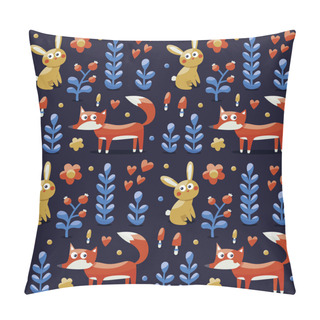 Personality  Seamless Cute Pattern Made With Fox, Rabbit, Hare, Flowers, Animals, Plants, Mushrooms, Hearts For Kids Pillow Covers
