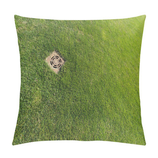 Personality  Metallic Manhole Cover On Green Fresh Grass  Pillow Covers