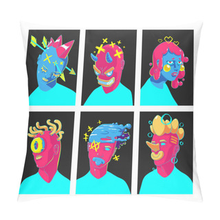 Personality  Contemporary Portraits, Abstract Faces Modern Illustration. Vector Design. Creative Surreal Art Of Male And Female Characters With Pink Or Blue Skin And Strange Hairstyle, Cartoon Linear Graphics Set Pillow Covers