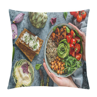 Personality  Hands Holding Healthy Superbowl Or Buddha Bowl With Salad, Sweet Potatoes, Chickpeas, Quinoa, Tomatoes, Arugula, Avocado On Light Blue Background. Healthy Vegan Food, Clean Eating, Top View Pillow Covers