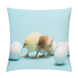 Personality  Cute Small Chicks And Eggs On Blue Background Pillow Covers