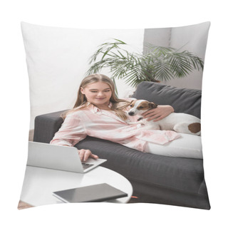 Personality  Cheerful Woman Lying On Couch With Jack Russell Dog And Using Laptop In Living Room  Pillow Covers