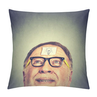 Personality  Portrait Happy Senior Man In Glasses With Idea Light Bulb Looking Up.  Pillow Covers
