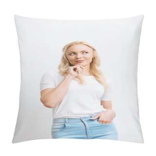 Personality  Dreamy, Smiling Woman Looking Away And Touching Chin While Holding Hand In Pocket Isolated On White Pillow Covers