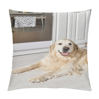 Personality  A Labrador Dog Relaxes On The Kitchen Floor In Front Of An Open Oven, Displaying A Sense Of Calm And Tranquility. Pillow Covers