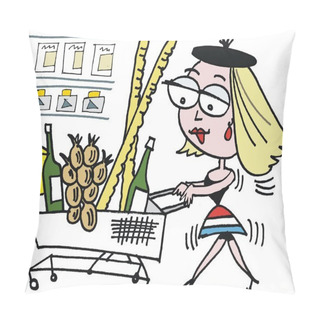 Personality  Vector Cartoon Of French Woman Shopping In Supermarket. Pillow Covers