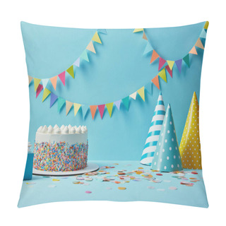 Personality  Tasty Cake With Sugar Sprinkles,party Hats And Gifts On Blue Background With Colorful Bunting Pillow Covers