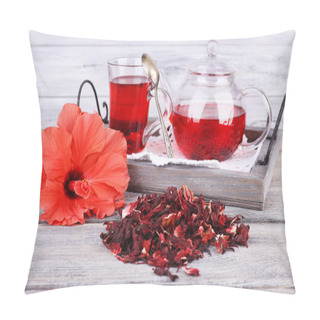 Personality  Hibiscus Tea In Glass Teapot And Flower On Color Napkin On Wooden Background Pillow Covers