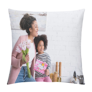 Personality  Happy African American Woman And Girl With Happy Mothers Day Card Smiling And Looking Away In Kitchen Pillow Covers