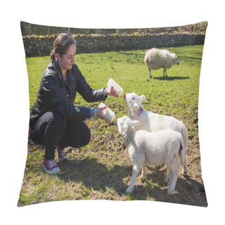 Personality  Young Adult Woman Feeding Two Newborn Lambs From Bottles Pillow Covers