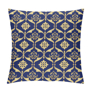 Personality  Victorian Damask Seamless Pattern In Blue And Gold Colors Pillow Covers