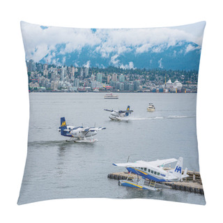 Personality  Vancouver, BC- July 17, 2022: Boats And Harbour Air Seaplanes In Coal Harbour With The North Vancouver, BC Skyline In The Background Pillow Covers
