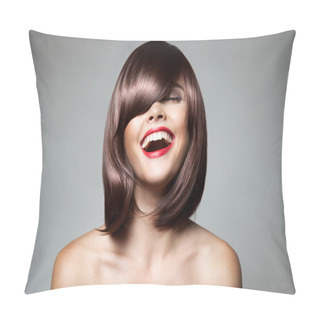 Personality  Smiling Beautiful Woman With Brown Short Hair. Haircut. Hairstyl Pillow Covers
