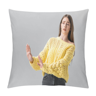 Personality  Displeased Girl In Yellow Sweater Showing Stop Gesture While Looking Away Isolated On Grey Pillow Covers