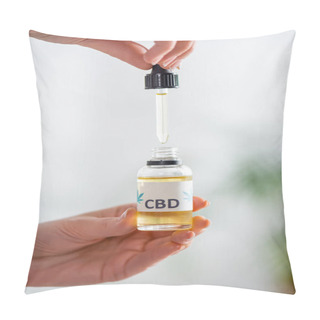 Personality  Cropped View Of Mature Woman Holding Pipette And Bottle With Cbd Lettering  Pillow Covers