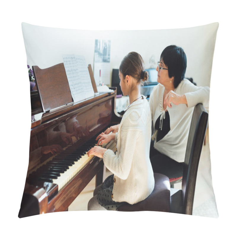 Personality   music teacher with the pupil at  lesson piano pillow covers