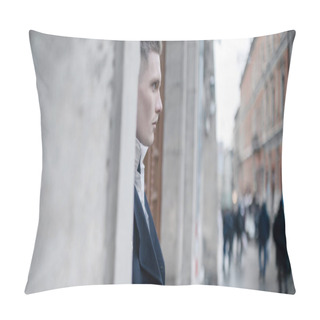 Personality  Portrait Of Young Man In Image Of Black Magician On City Street. Pillow Covers