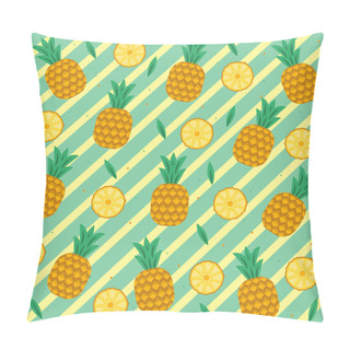Personality  Pineapple Vector Background. Summer Colorful Tropical Textile Print. Pineapple Slices, Pineapples, Leaves On Yellow Striped Background. Vector Illustration EPS10. Pillow Covers