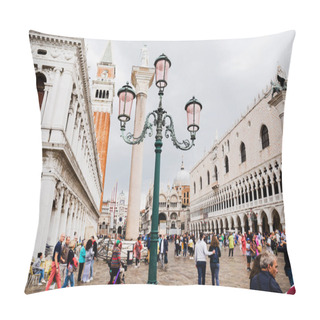 Personality  VENICE, ITALY - SEPTEMBER 24, 2019: People Walking Near Saint Mark Bell Tower And Palace Of Doge In Venice, Italy  Pillow Covers