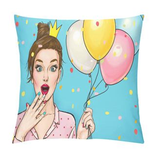 Personality  Young Surprised Woman With Colored Balloons And A Princess Crown On His Head. Amazed Fashion Woman. Party Invitation. Happy Birthday Pillow Covers