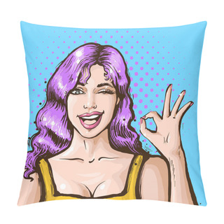 Personality  Beautiful Young Woman With Violet Hair Showing Ok Sign. Pop Art Comic Modern Style Vector Illustration On Halftone Background Pillow Covers