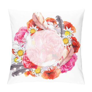 Personality  Floral Beautiful Wreath With Bright Flowers Poppies, Camomile, Rose And Feathers For Greeting Card. Watercolor Illustration Pillow Covers