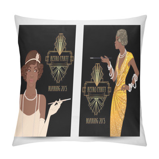 Personality  Retro Fashion. Glamour Girl Of Twenties. African American Woman. Vector Illustration. Flapper 20s Style. Vintage Party Invitation Design Template. Fancy Black Lady. Pillow Covers