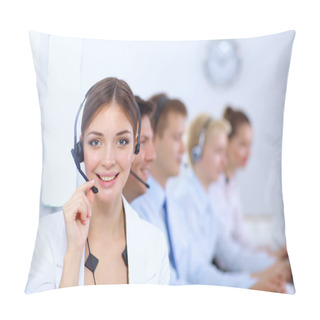 Personality  Attractive Positive Young Businesspeople And Colleagues In A Call Center Office Pillow Covers
