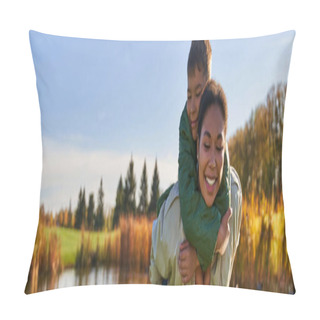 Personality  Happy Mother Piggybacking Son Near Pond With Ducks, Childhood, African American, Autumn, Banner Pillow Covers