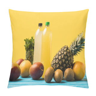 Personality  Fruity Drinks In Plastic Bottles And Fresh Ripe Tropical Fruits On Turquoise Wooden Table Top Pillow Covers