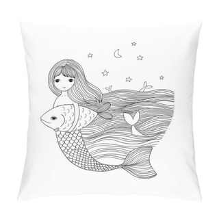 Personality  Cute Cartoon Mermaid And Fish. Siren. Sea Theme. Isolated Objects On White Background. Pillow Covers