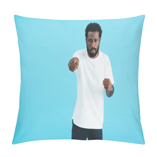 Personality  Aggressive African American Man In White T-shirt Pointing At You Isolated On Blue   Pillow Covers